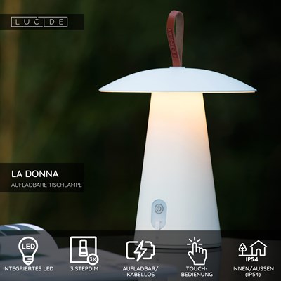 Lucide LA DONNA - wiederaufladbare Tischlampe Innen/Außen - Akku/Batterie - Ø 19,7 cm - LED 3 StepDim - 1x2W 2700K - IP54 - Weiß